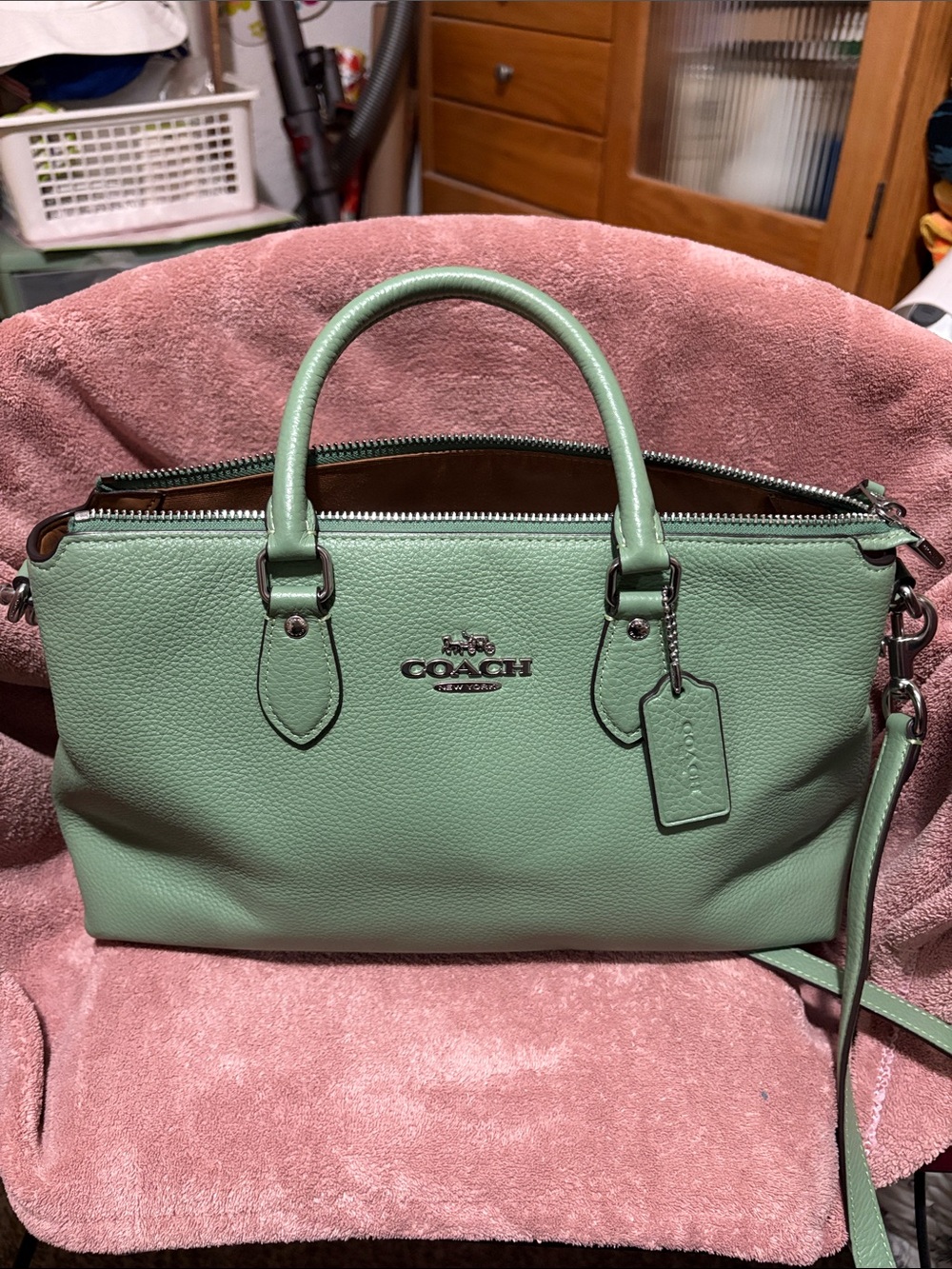 Coach Sage Green Pebbled Leather Satchel with Removable Strap